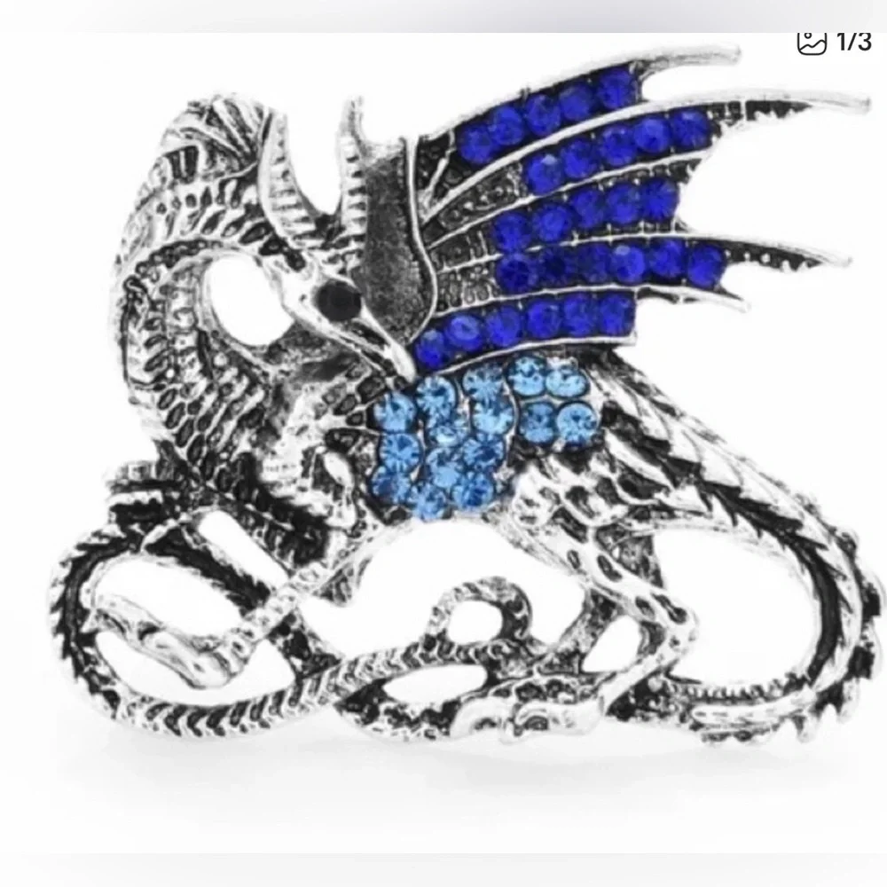 Silver Dragon Brooch with Blue and Royal Blue Rhinestones